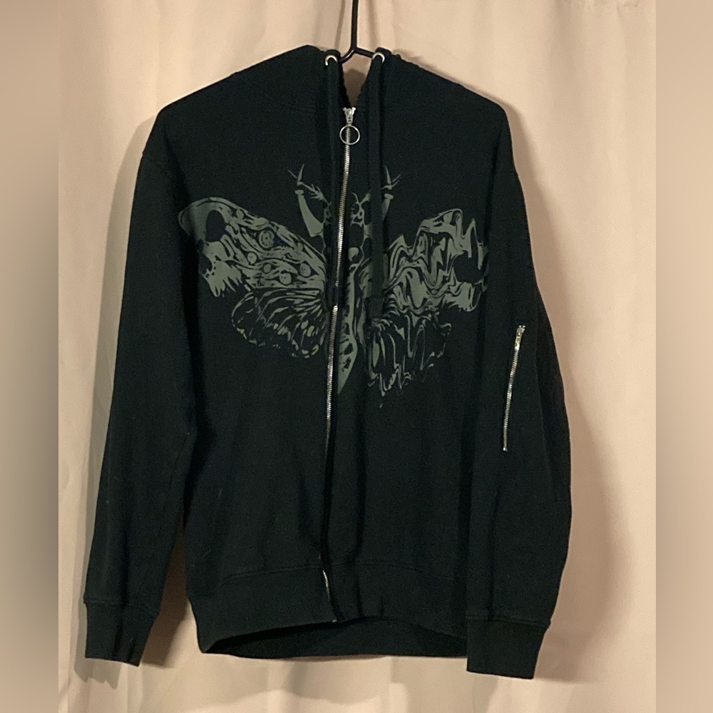 Hot Topic Black Zip-Up Sweater with Graphic